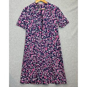 Vintage House Dress Damart Made in France Size 46 Pink Navy Abstract Tie Neck